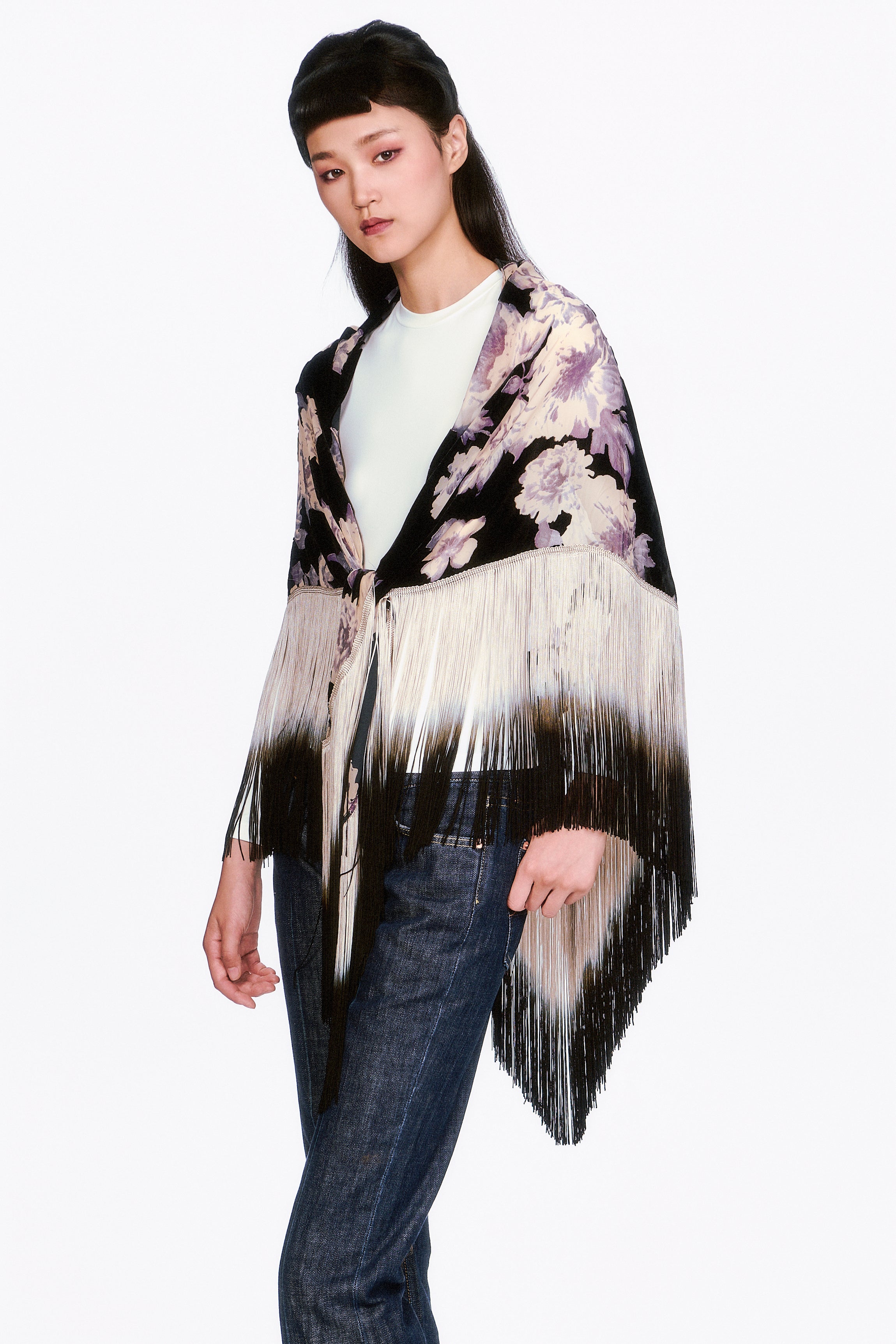Anna Sui Cabbage Rose Devoré Fringe Shawl