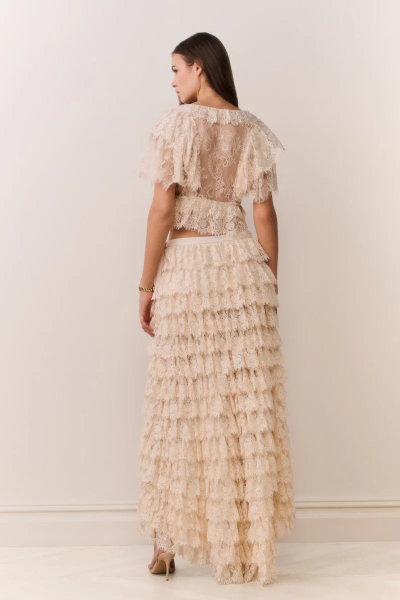 LoveShackFancy Camilia Lace Ruffle High-Low Skirt - Cream