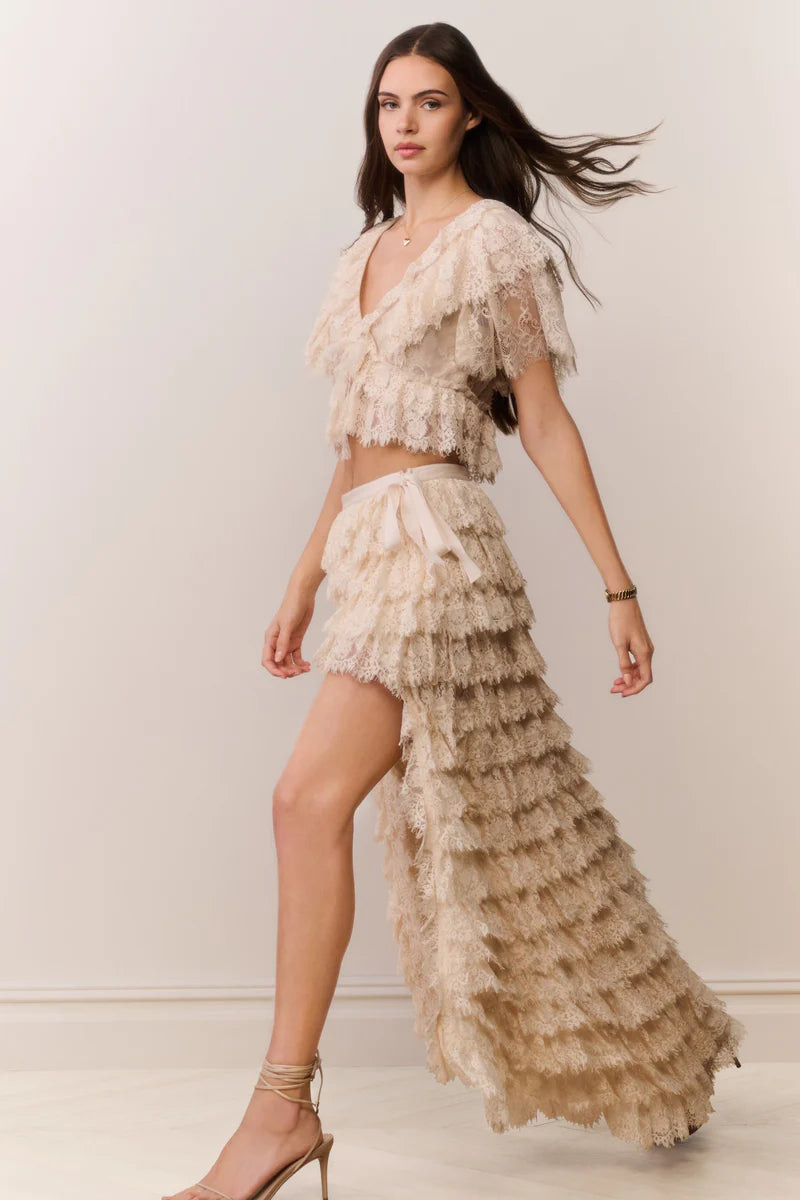 LoveShackFancy Camilia Lace Ruffle High-Low Skirt - Cream