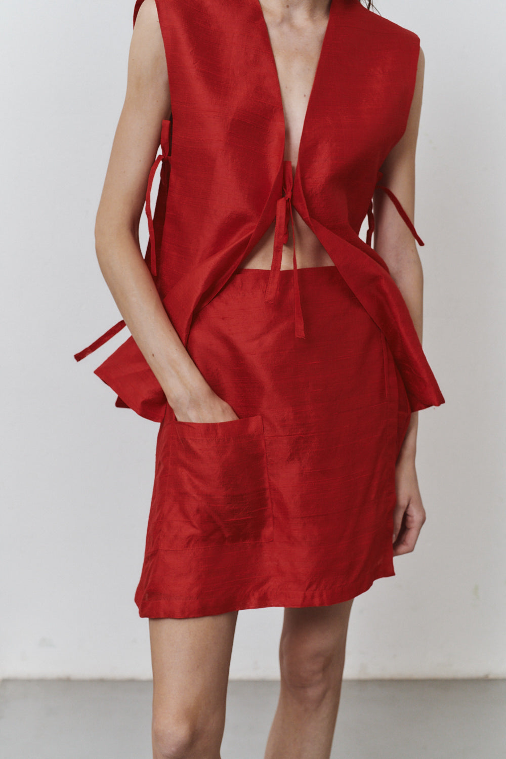 Datura Carmine Dupion Wrap Mini Skirt