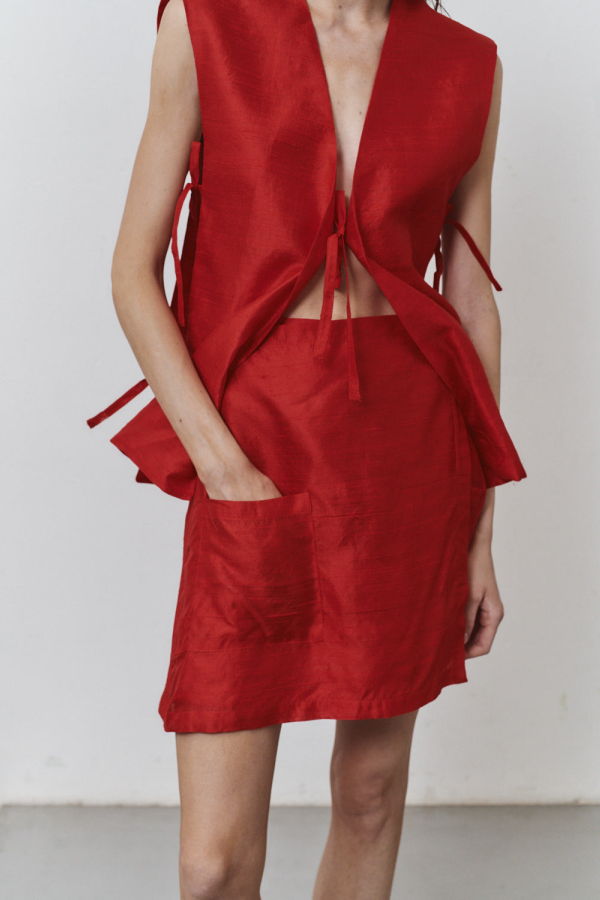 Datura Carmine Dupion Wrap Mini Skirt