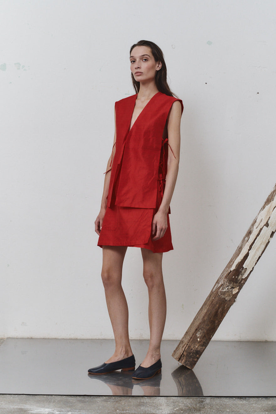 Datura Carmine Dupion Wrap Mini Skirt