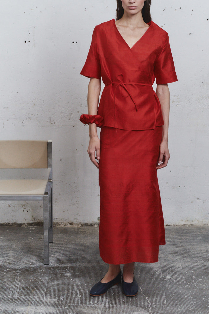 Datura Carmine Dupion Wrap Top