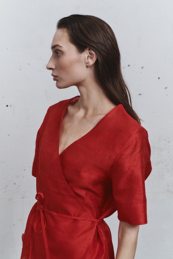 Datura Carmine Dupion Wrap Top