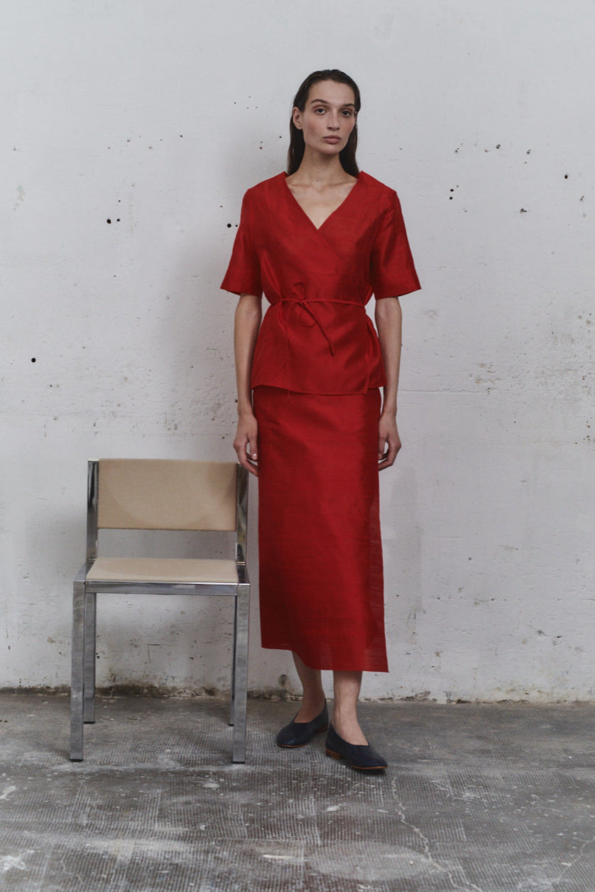 Datura Carmine Dupion Wrap Top
