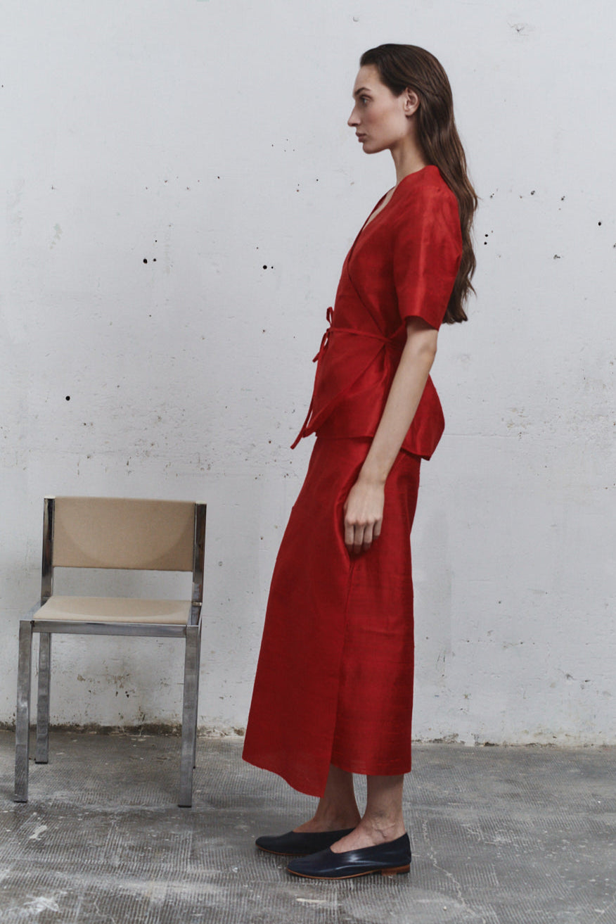 Datura Carmine Dupion Wrap Top