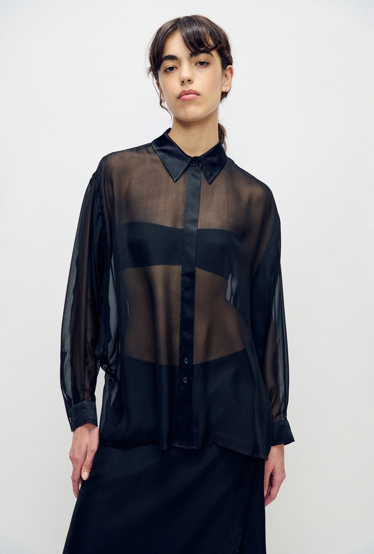 Silk Laundry Chiffon Crossover Shirt - Black