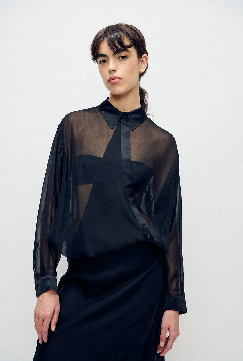 Silk Laundry Chiffon Crossover Shirt - Black