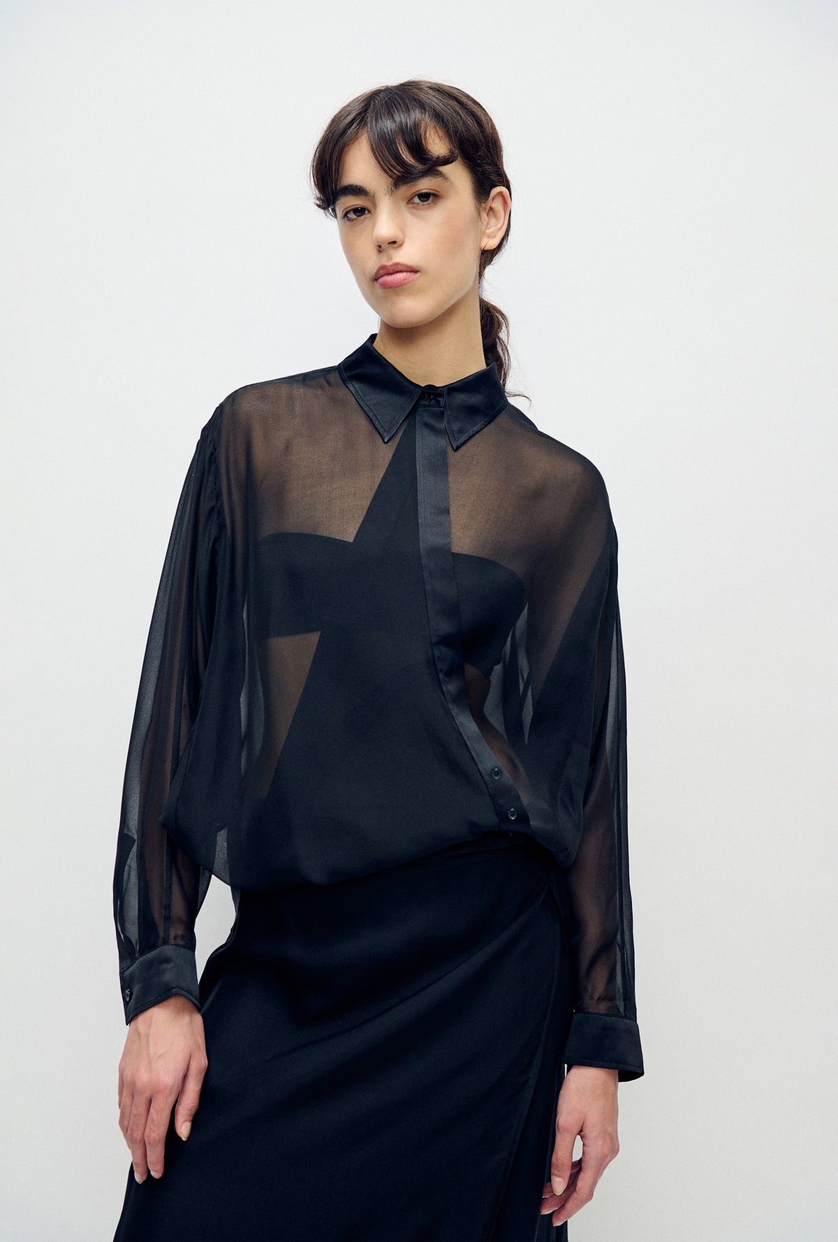 Silk Laundry Chiffon Crossover Shirt - Black