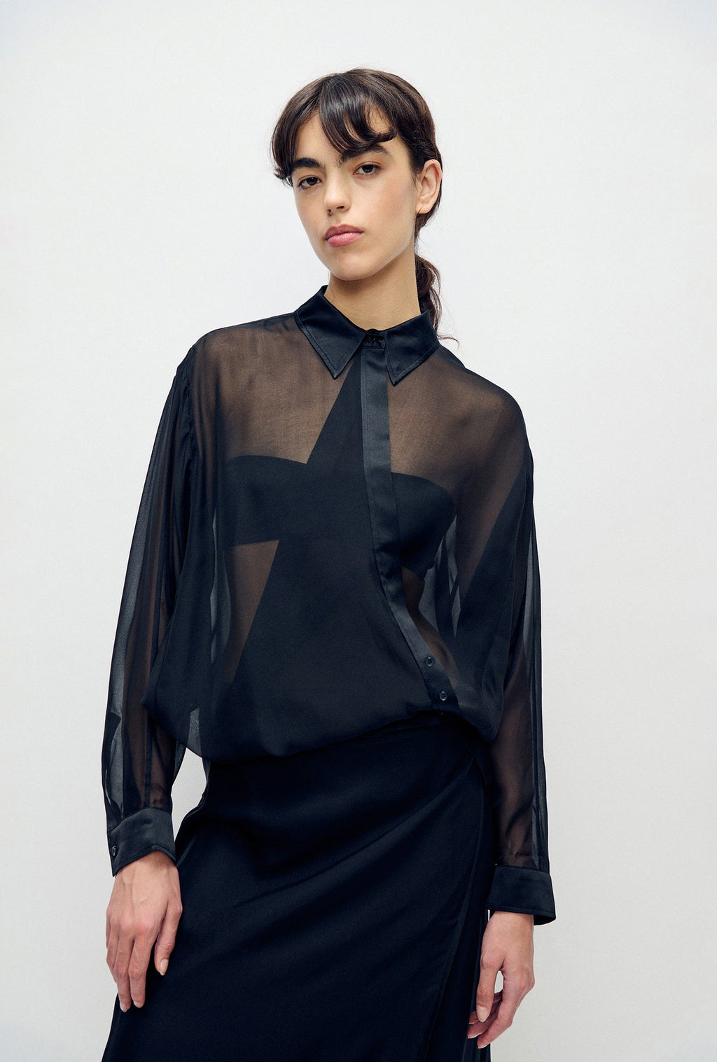Silk Laundry Chiffon Crossover Shirt - Black