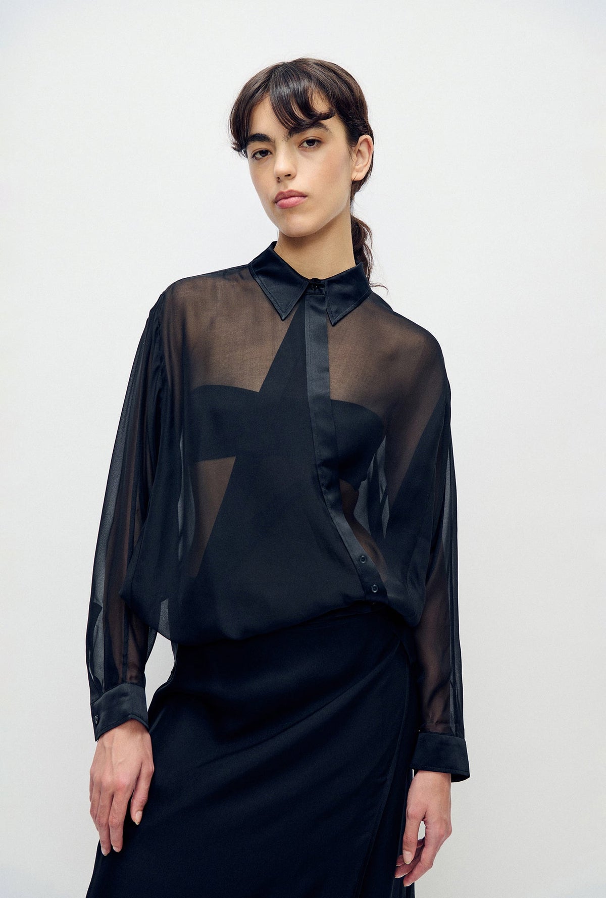 Silk Laundry Chiffon Crossover Shirt - Black