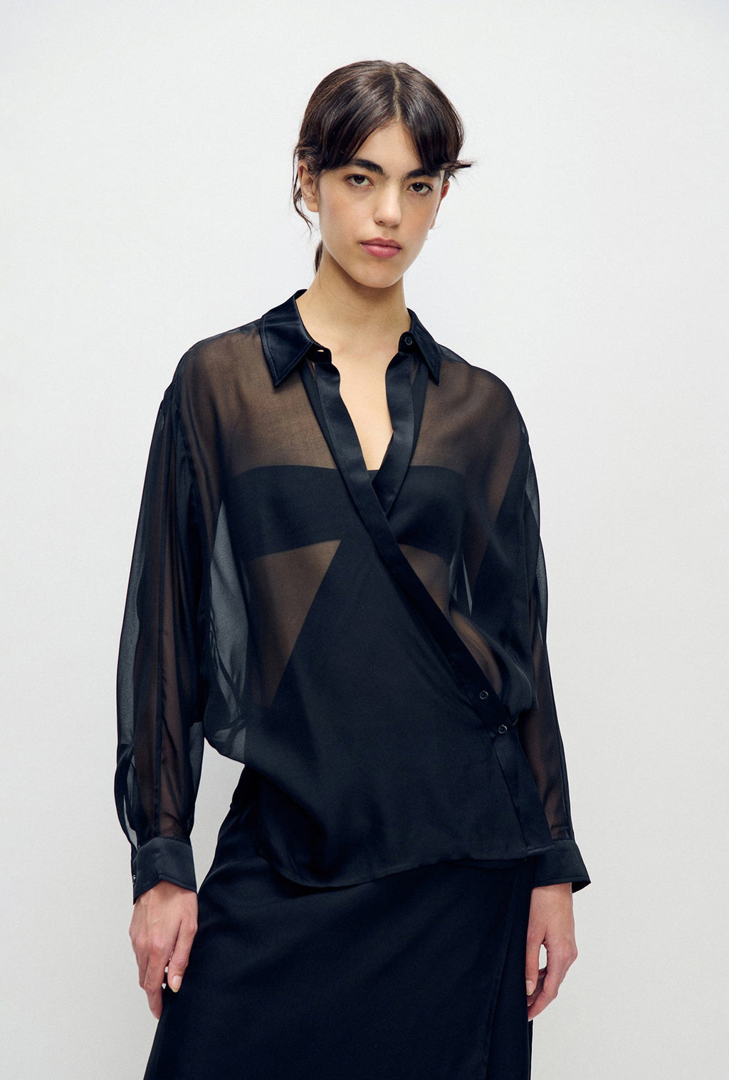 Silk Laundry Chiffon Crossover Shirt - Black
