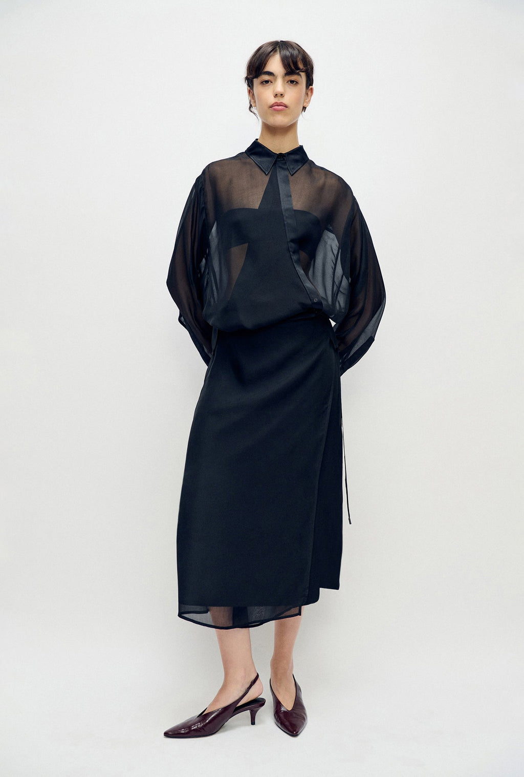 Silk Laundry Chiffon Crossover Shirt - Black