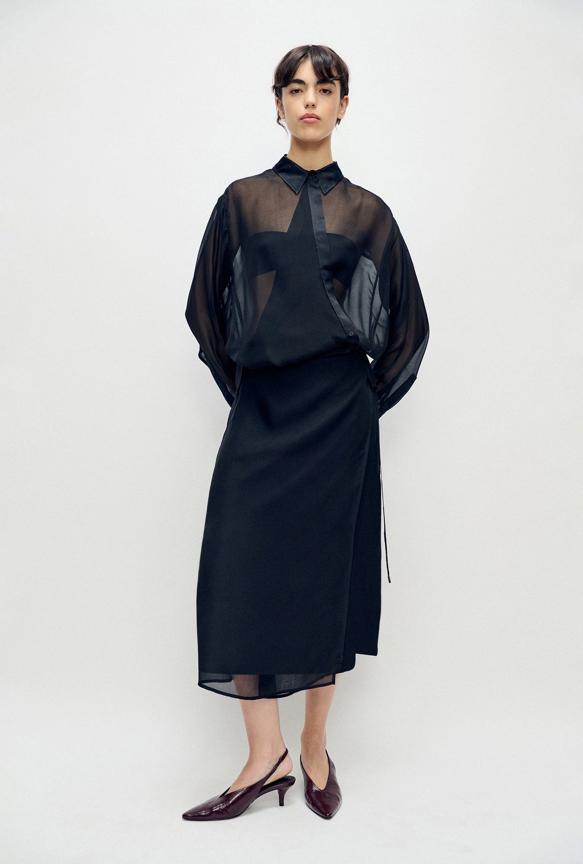 Silk Laundry Chiffon Crossover Shirt - Black