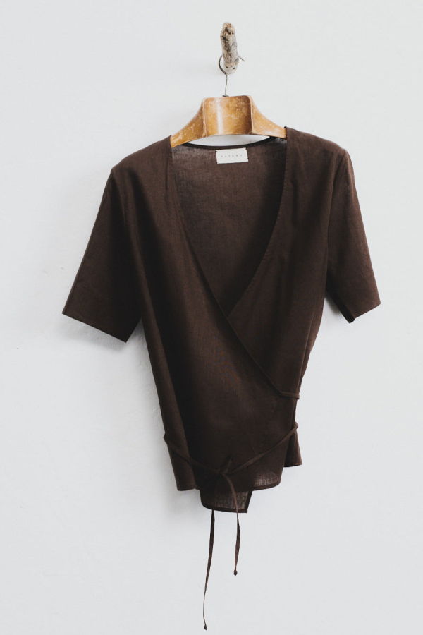 Datura Chocolate Linen Wrap Top