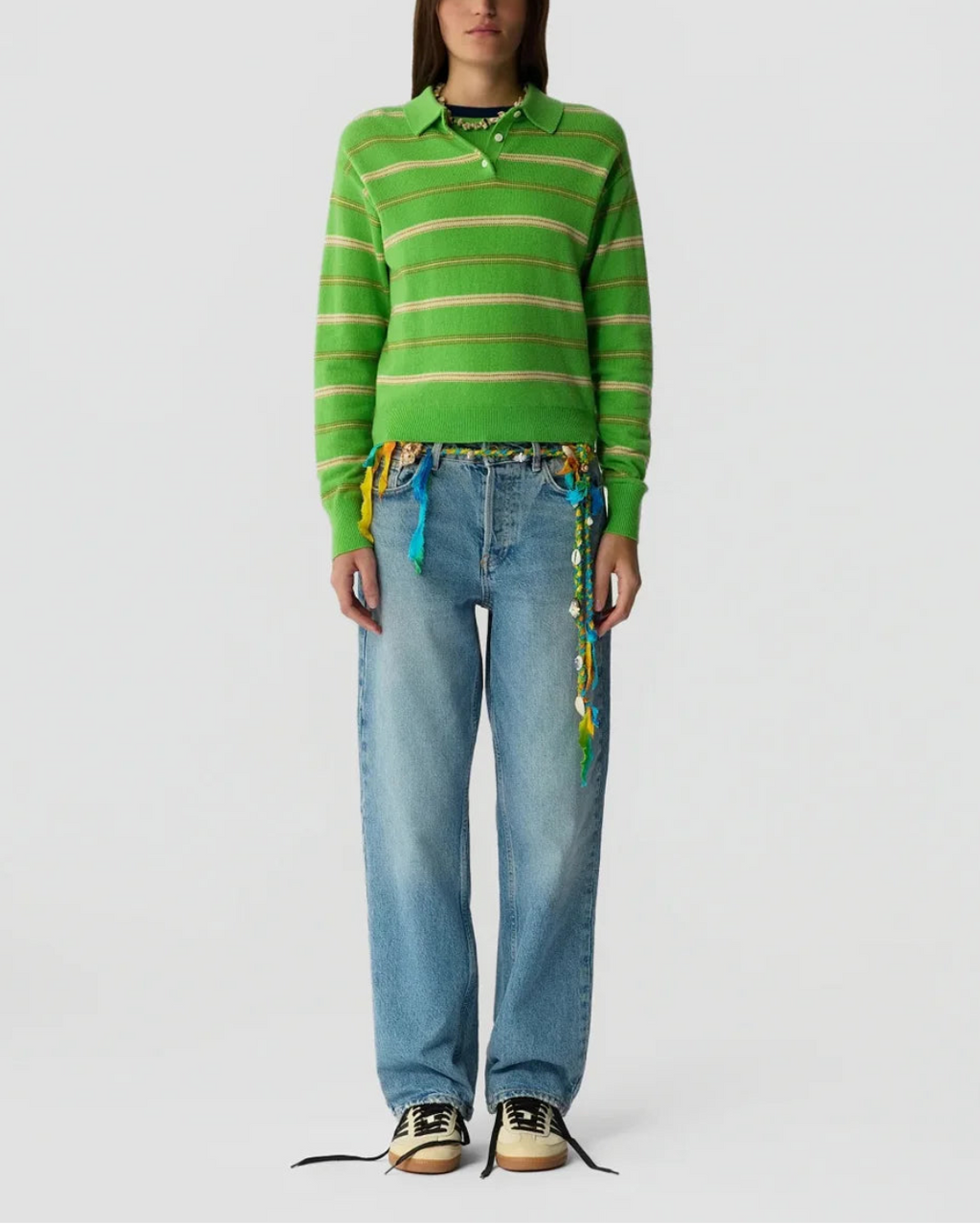 Guest in Residence Collegiate Stripe Polo Sweater - Matcha Point Combo