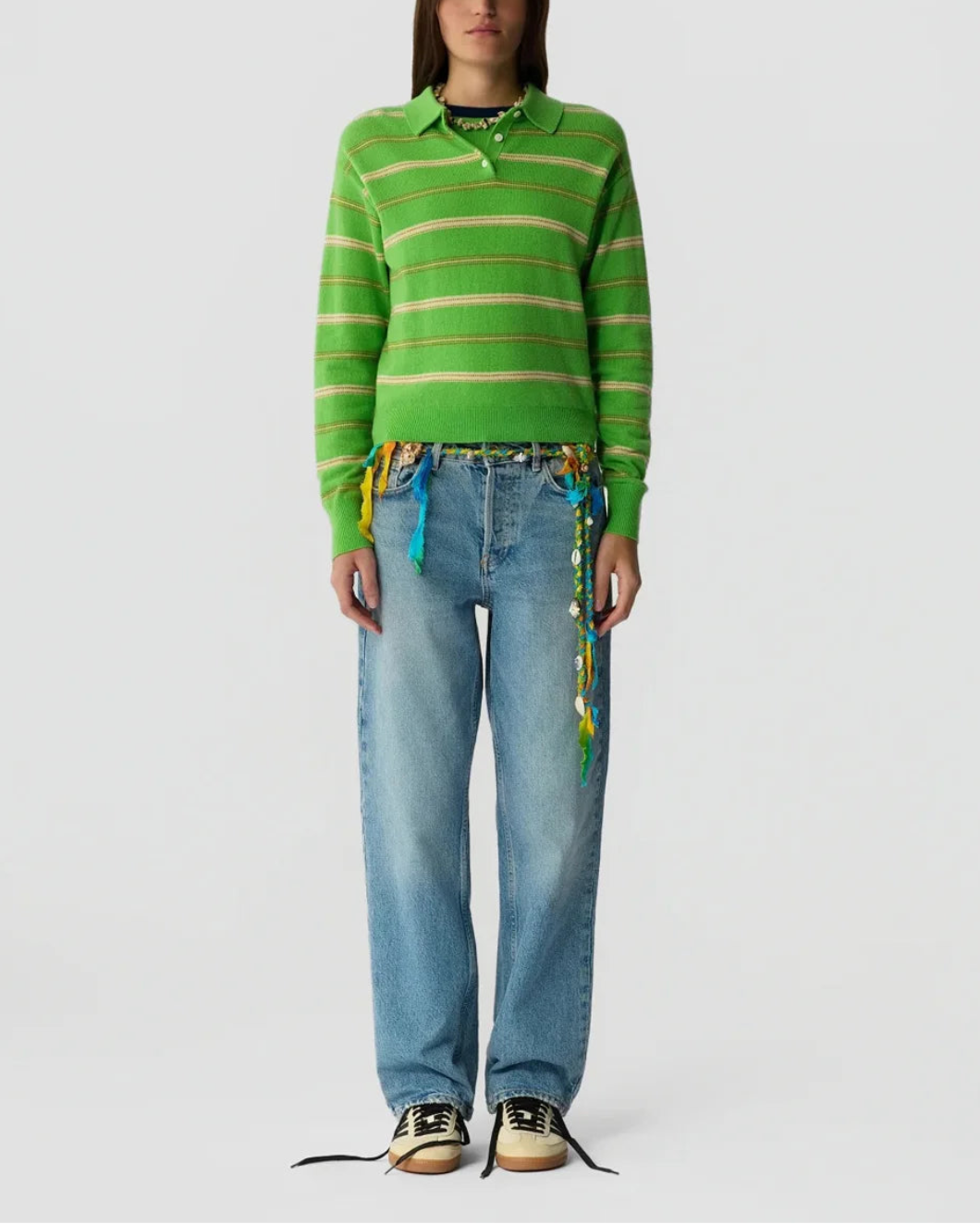 Guest in Residence Collegiate Stripe Polo Sweater - Matcha Point Combo