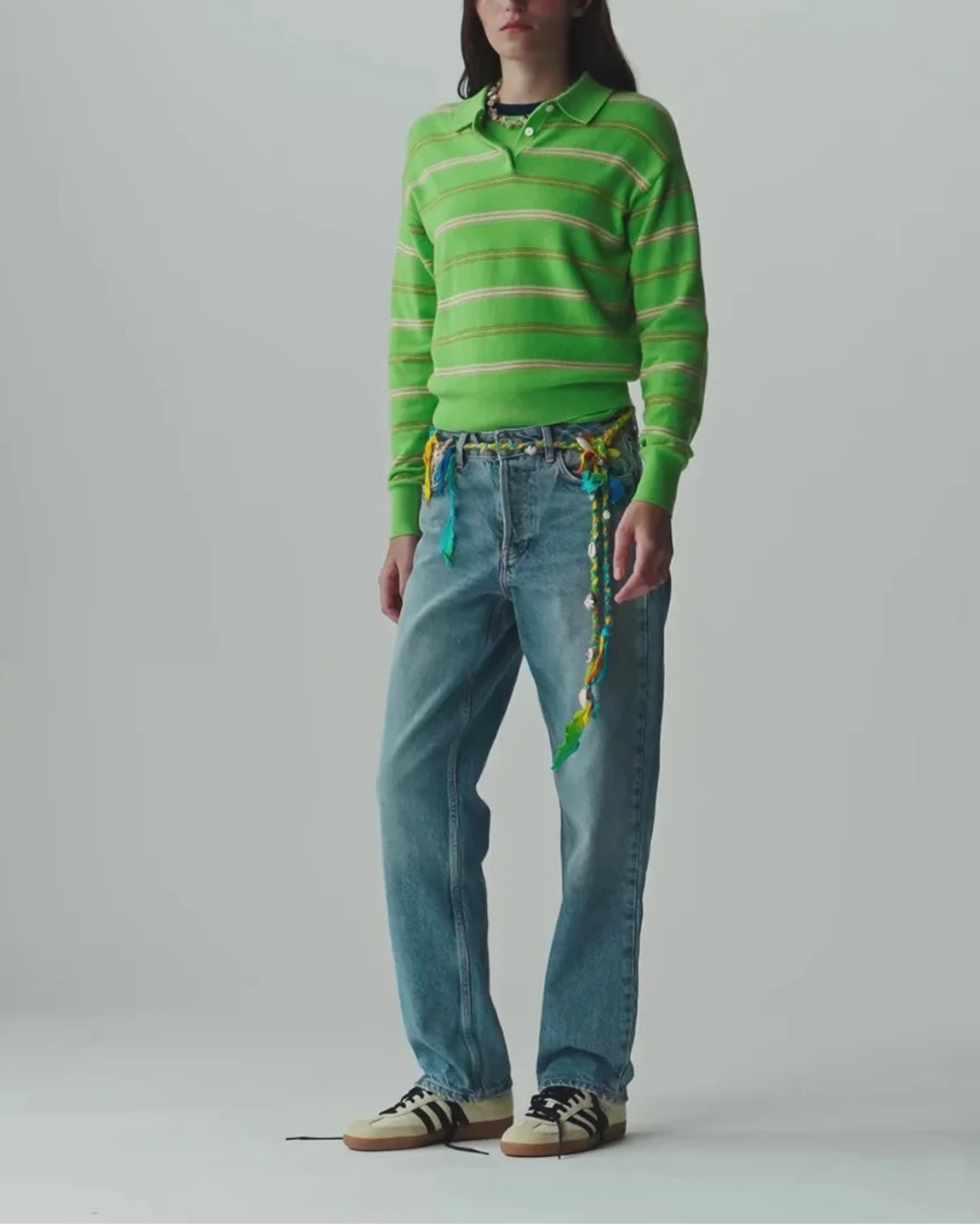 Guest in Residence Collegiate Stripe Polo Sweater - Matcha Point Combo