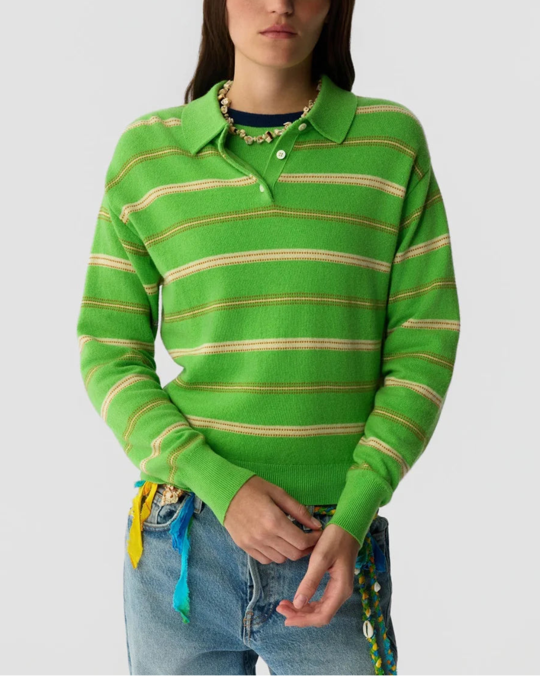 Guest in Residence Collegiate Stripe Polo Sweater - Matcha Point Combo
