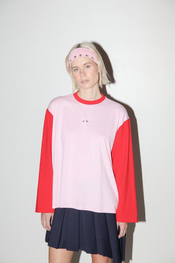 KkCo Contrast Long Sleeve Box Tee - Pink & Red