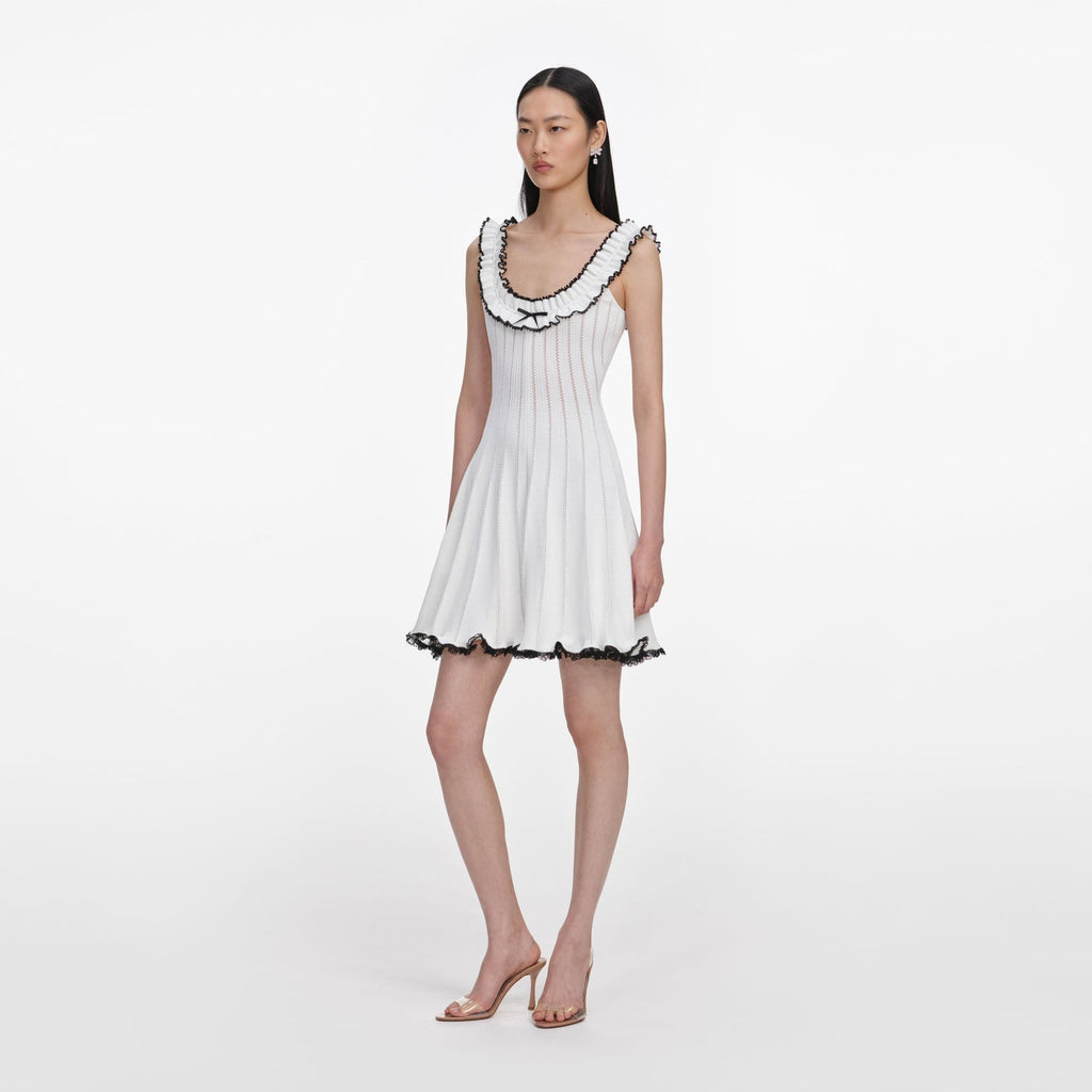 Self-Portrait Contrast Trim Knit Mini Dress - White