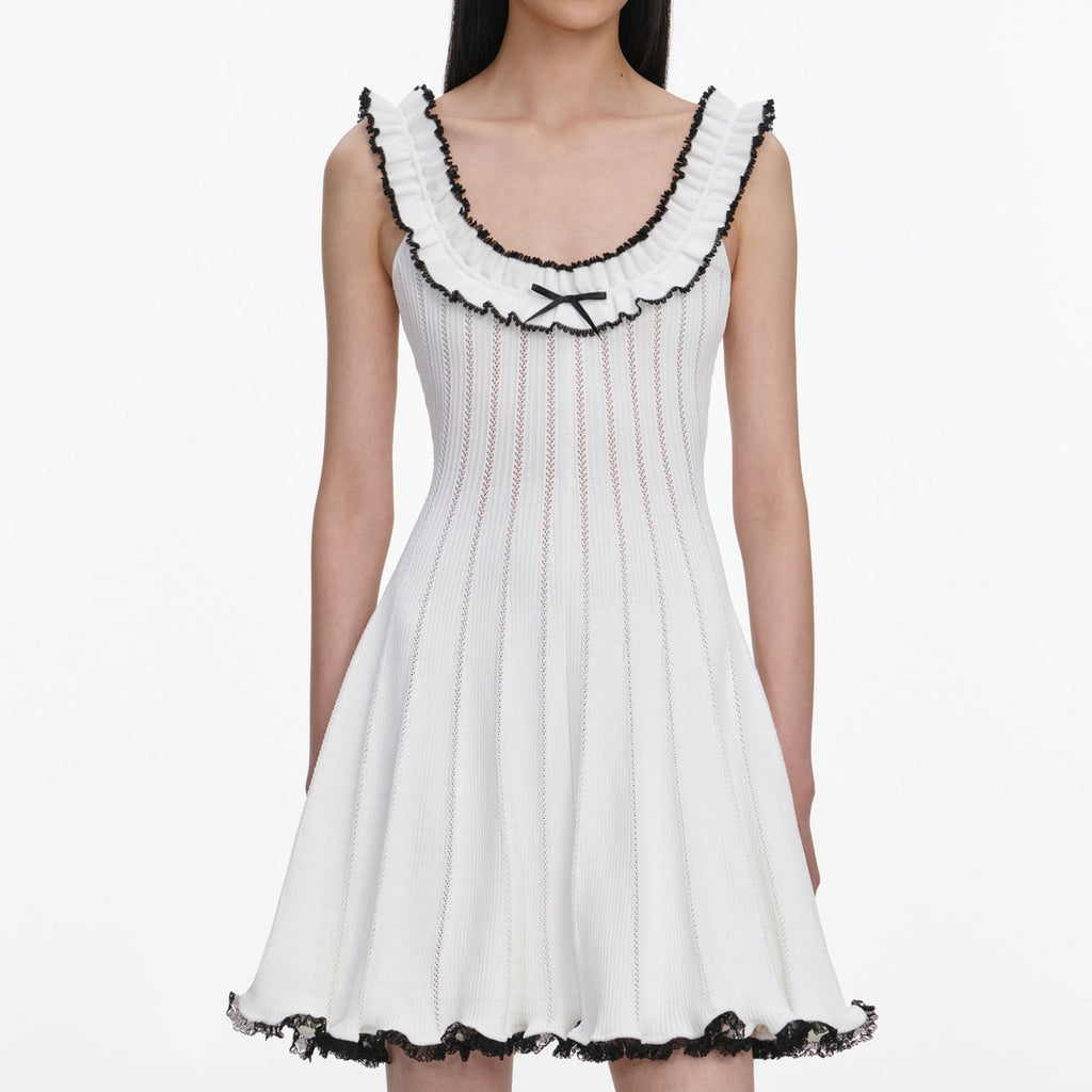 Self-Portrait Contrast Trim Knit Mini Dress - White