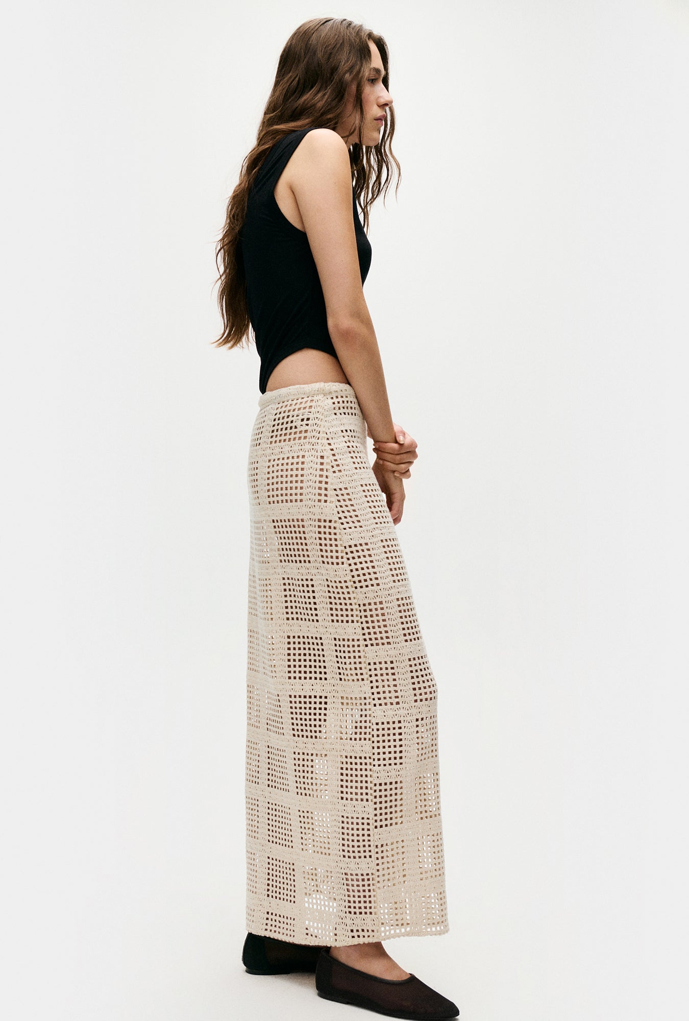 Silk Laundry Cotton Grid Long Skirt - Natural