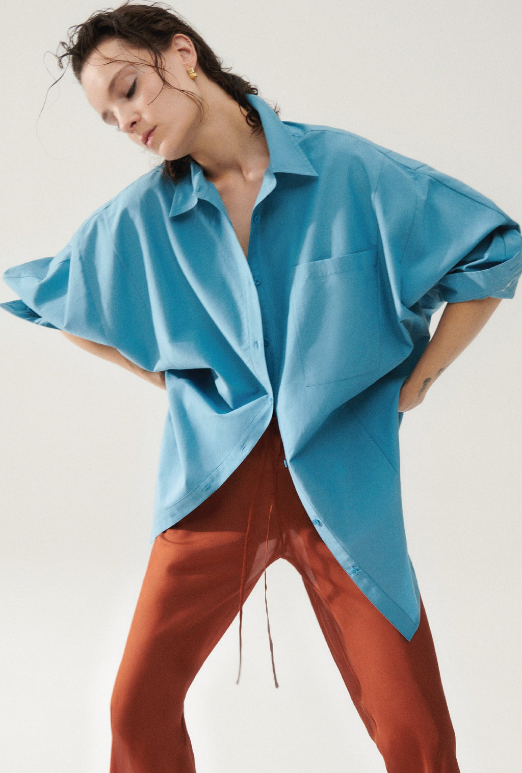 Silk Laundry Cotton Silk Round Shirt - Lake