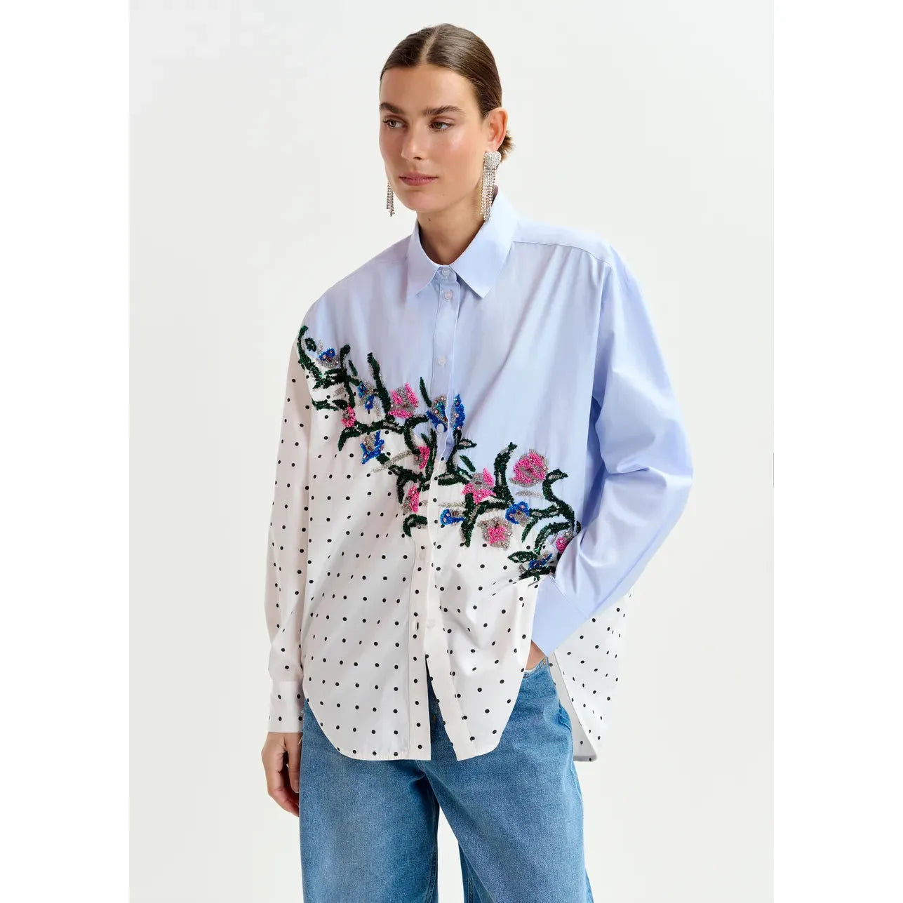Essentiel Antwerp Cotton Shirt with Sequin Flowers and Polka Dot Contrast Shirt - Blue White & Multicolor