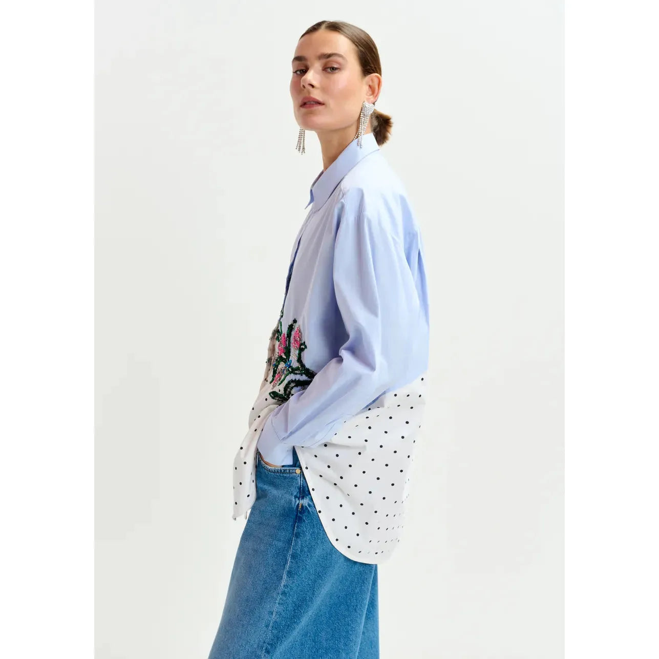 Essentiel Antwerp Cotton Shirt with Sequin Flowers and Polka Dot Contrast Shirt - Blue White & Multicolor