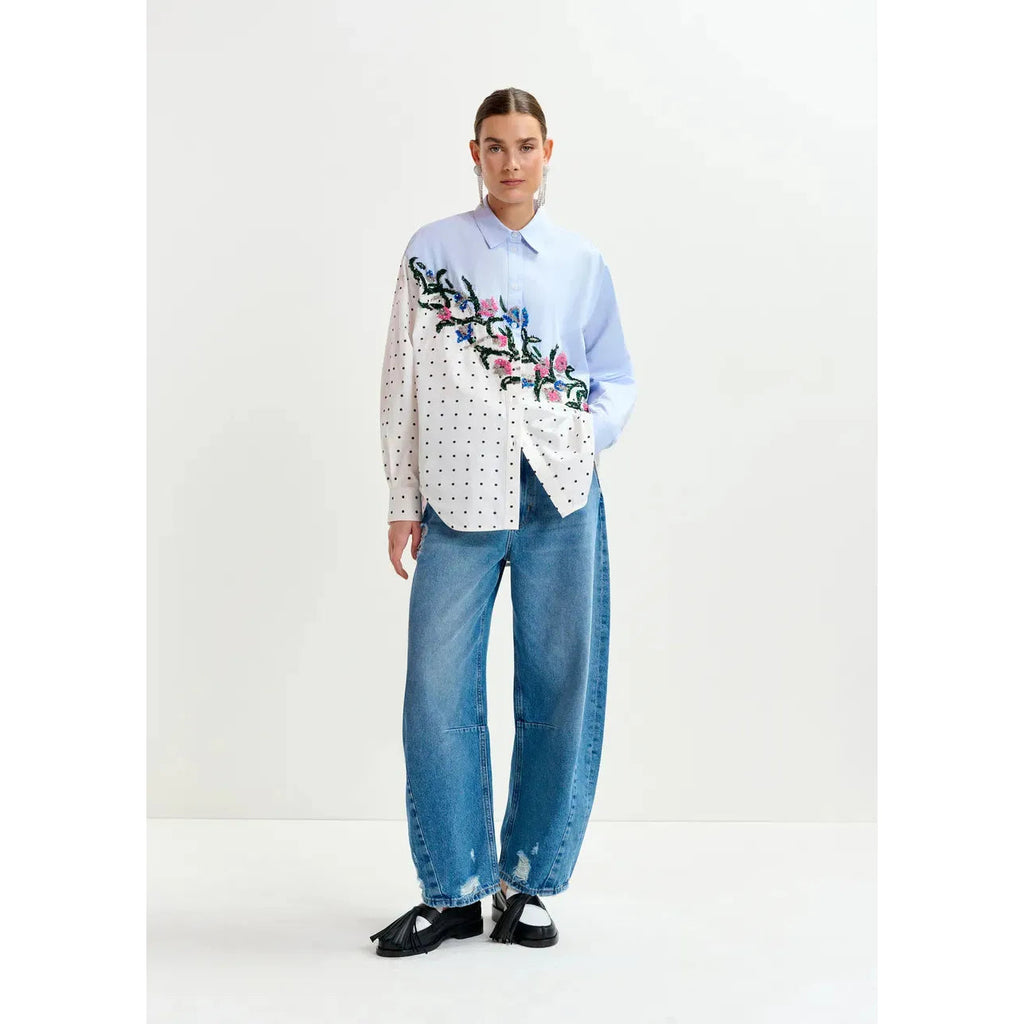 Essentiel Antwerp Cotton Shirt with Sequin Flowers and Polka Dot Contrast Shirt - Blue White & Multicolor