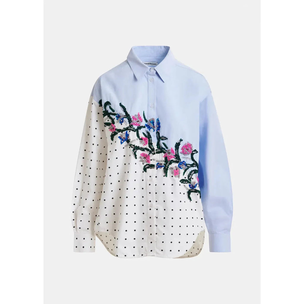 Essentiel Antwerp Cotton Shirt with Sequin Flowers and Polka Dot Contrast Shirt - Blue White & Multicolor
