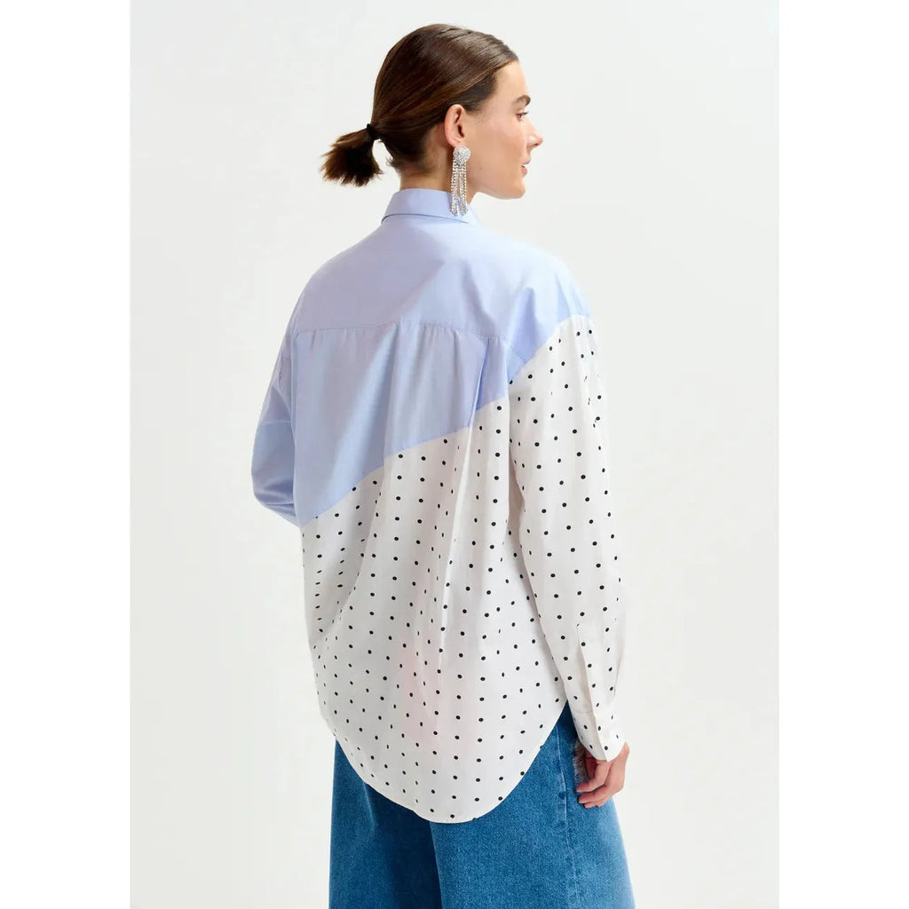 Essentiel Antwerp Cotton Shirt with Sequin Flowers and Polka Dot Contrast Shirt - Blue White & Multicolor