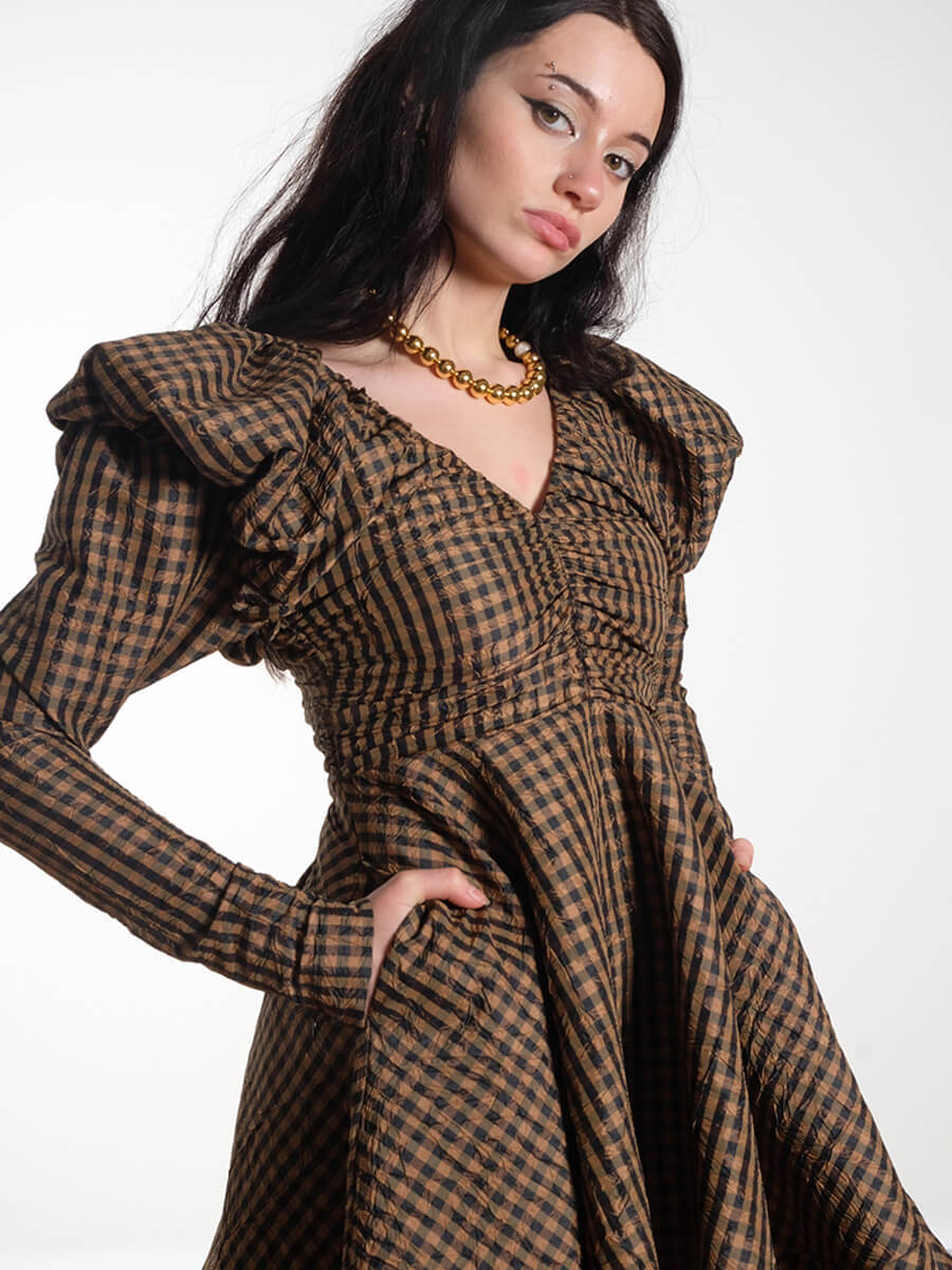 Ganni Crinkled Check Mini Dress