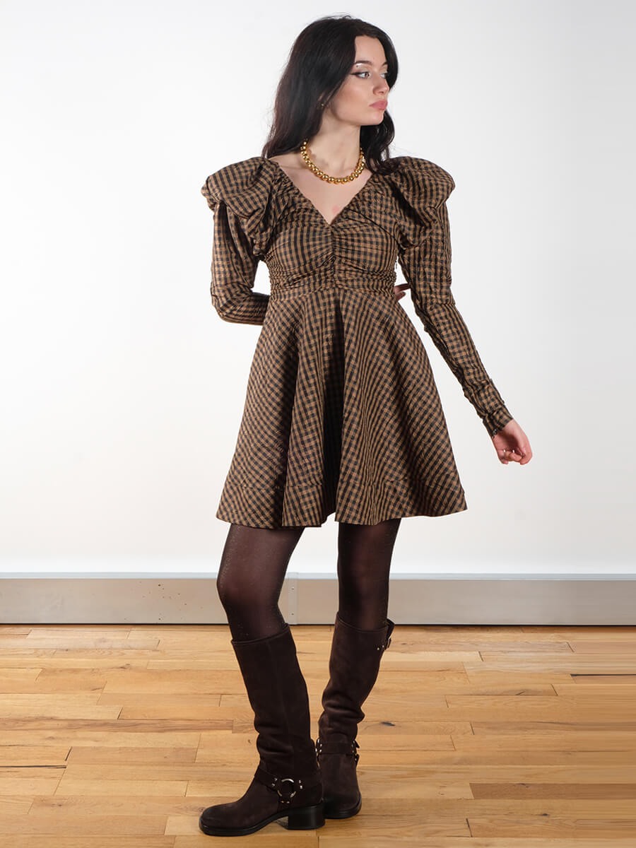 Ganni Crinkled Check Mini Dress