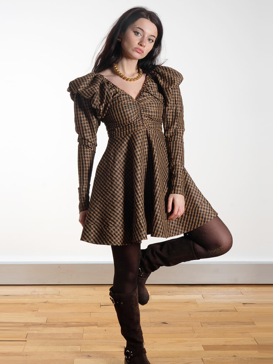 Ganni Crinkled Check Mini Dress