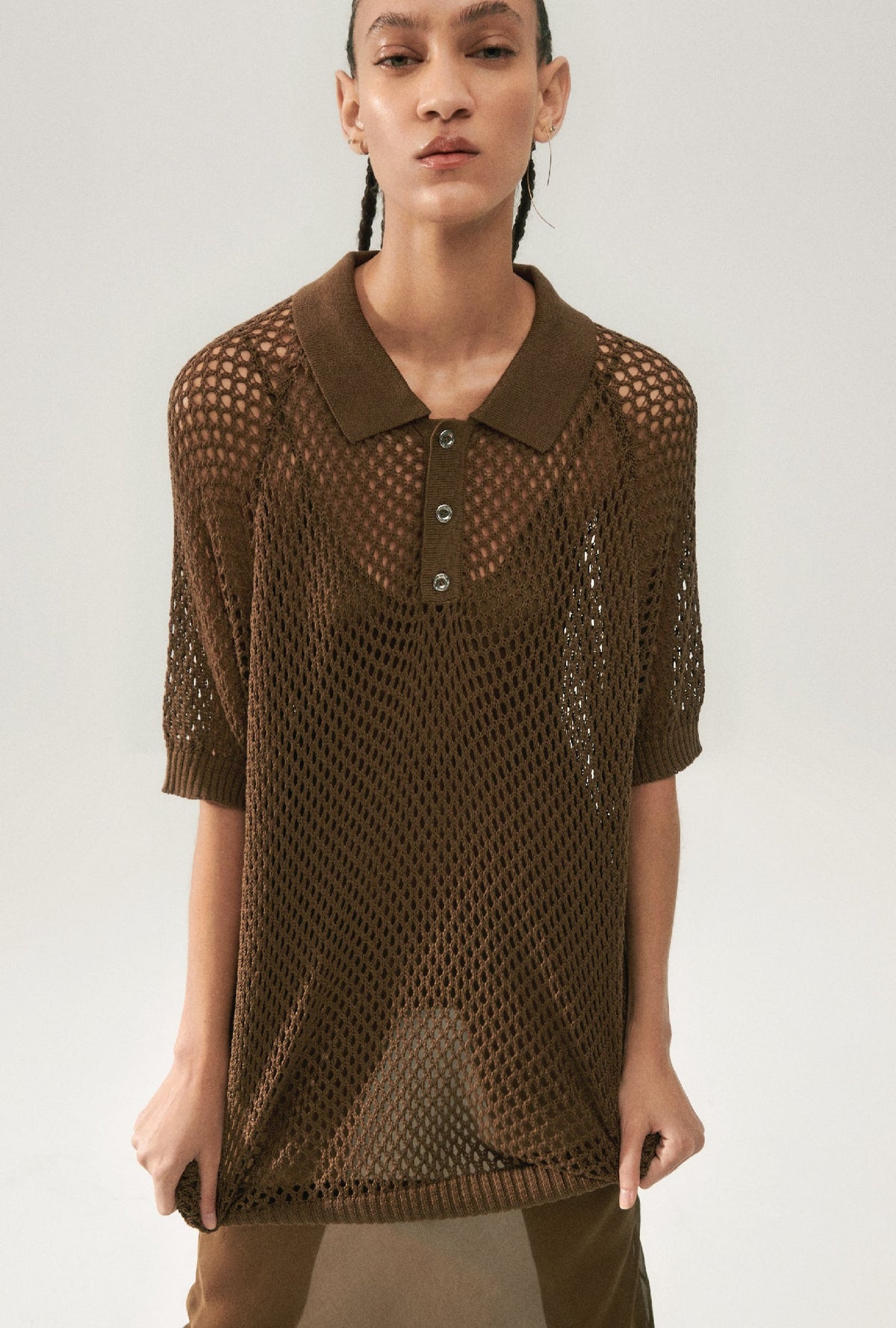Silk Laundry Crochet Raglan Polo - Dark Earth