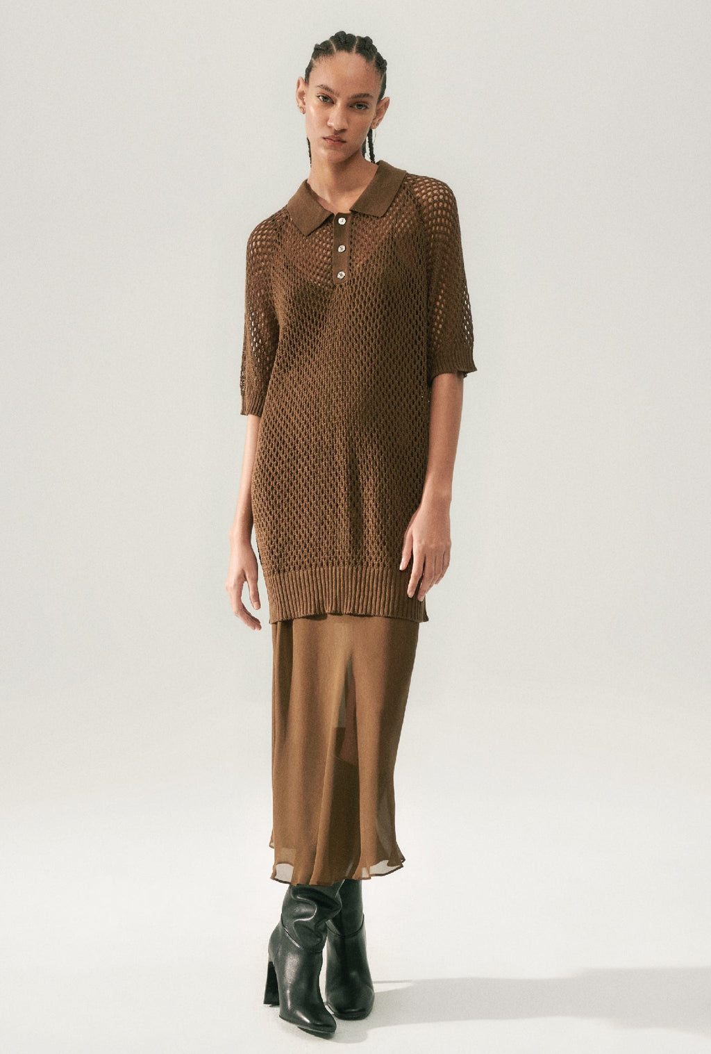 Silk Laundry Crochet Raglan Polo - Dark Earth