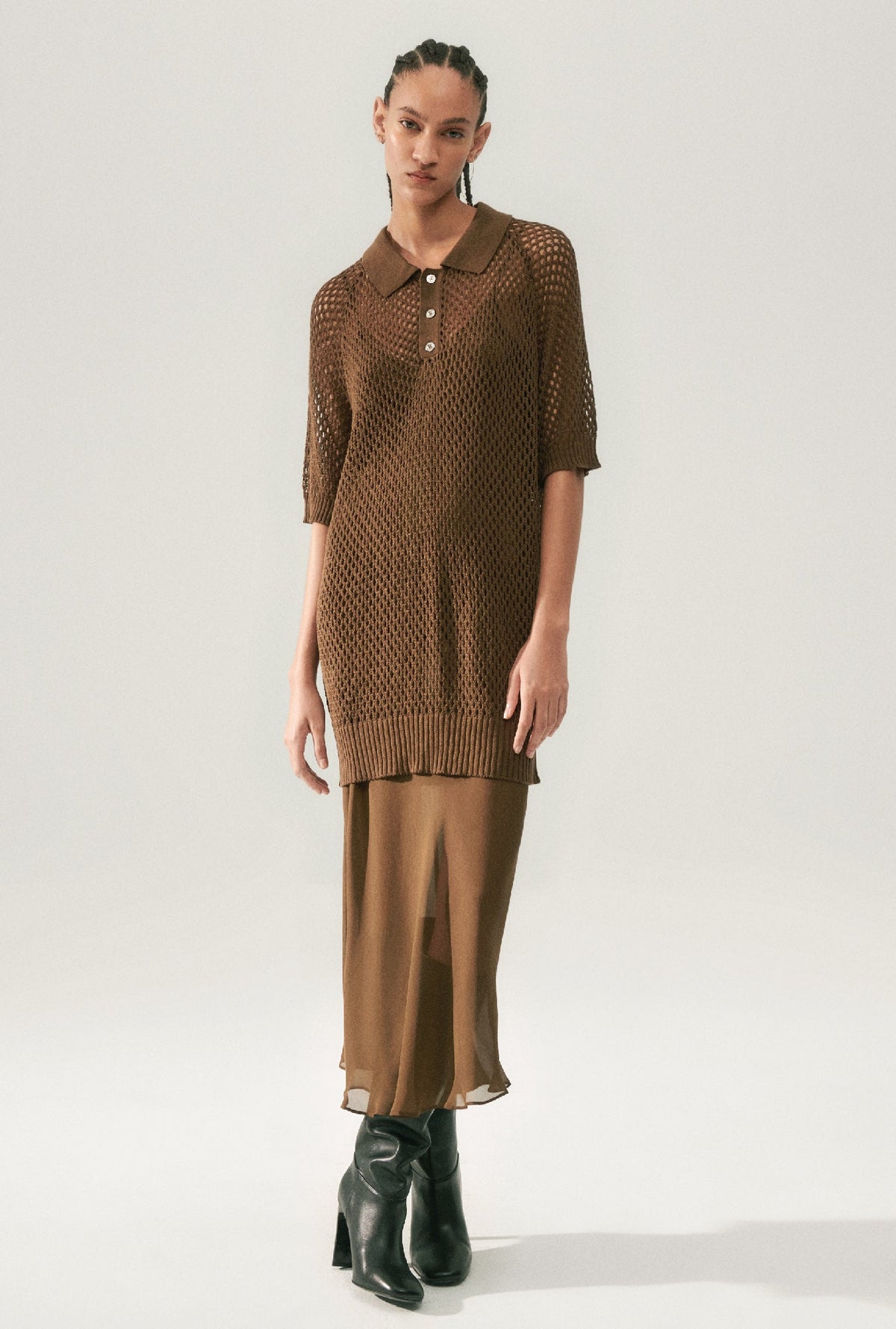 Silk Laundry Crochet Raglan Polo - Dark Earth