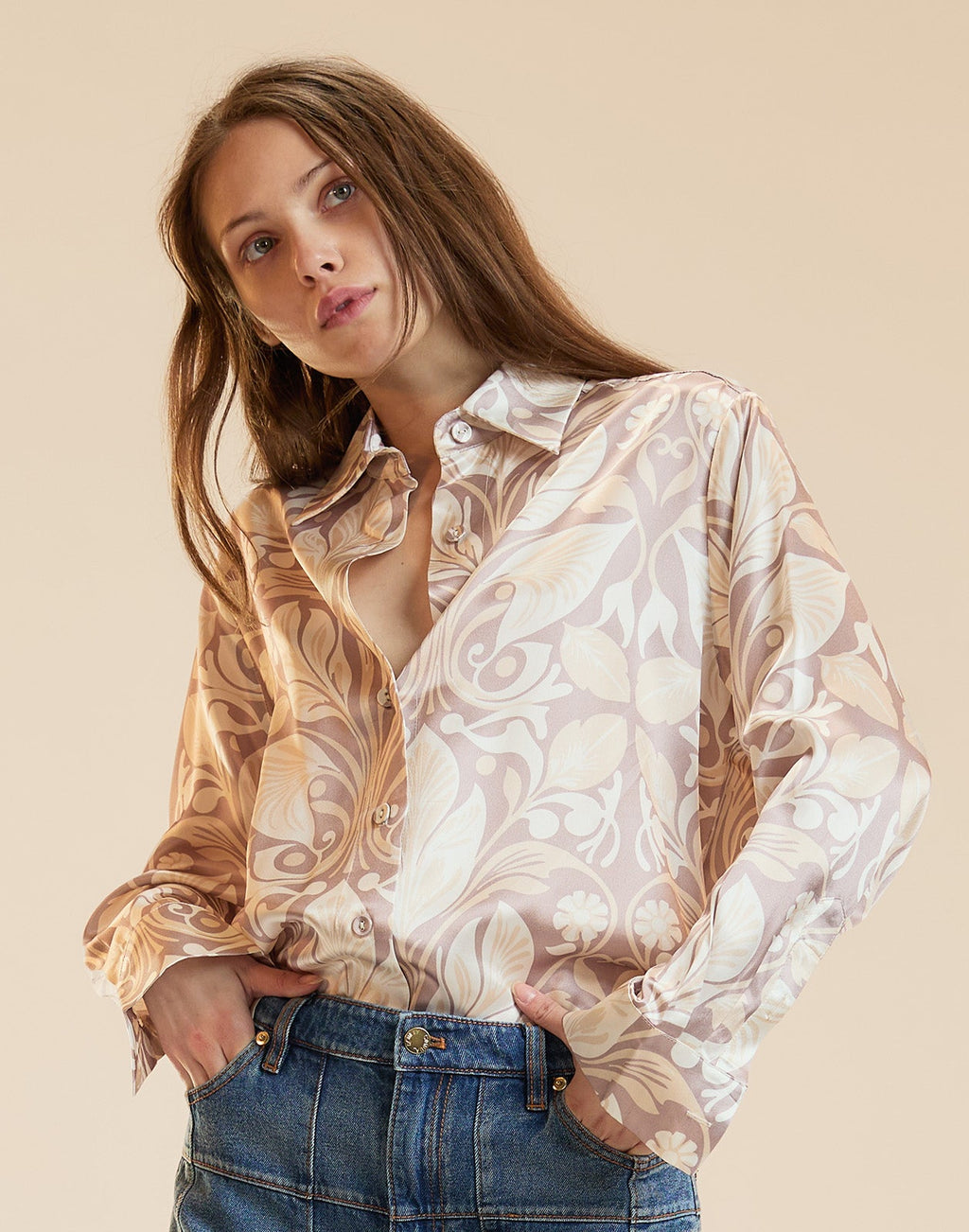 Cynthia Rowley Collectible Silk Shirt Blouse - Taupe Print
