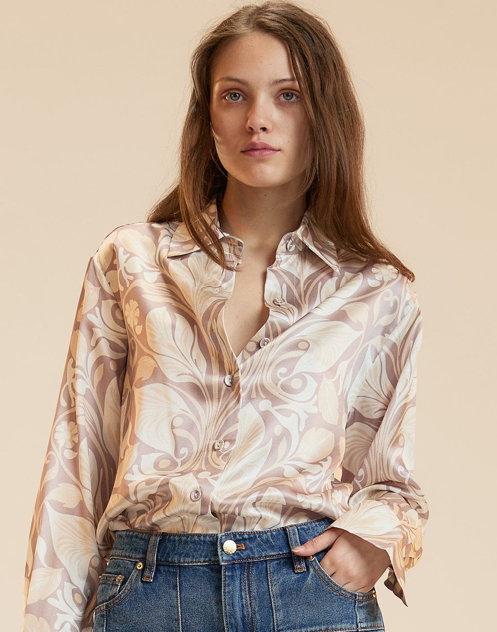 Cynthia Rowley Collectible Silk Shirt Blouse - Taupe Print