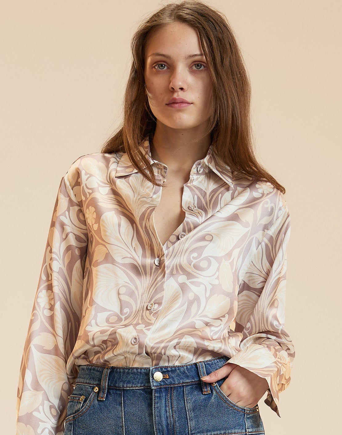 Cynthia Rowley Collectible Silk Shirt Blouse - Taupe Print