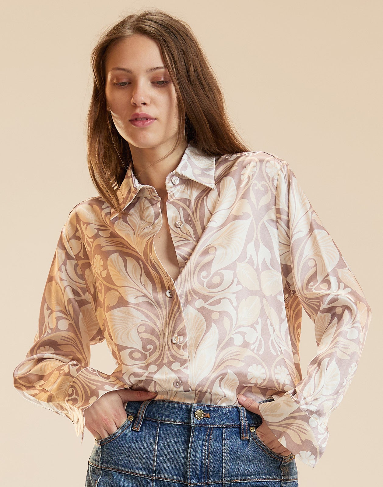 Cynthia Rowley Collectible Silk Shirt Blouse - Taupe Print