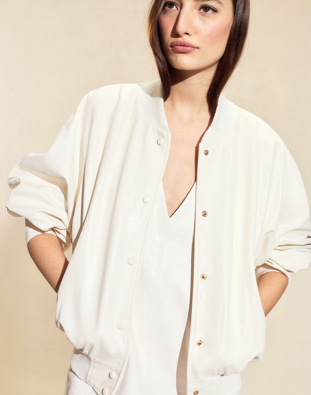 Cynthia Rowley Downtown Leather Bomber Jacket - Off White