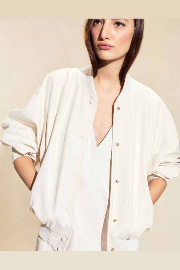 Cynthia Rowley Downtown Leather Bomber Jacket - Off White