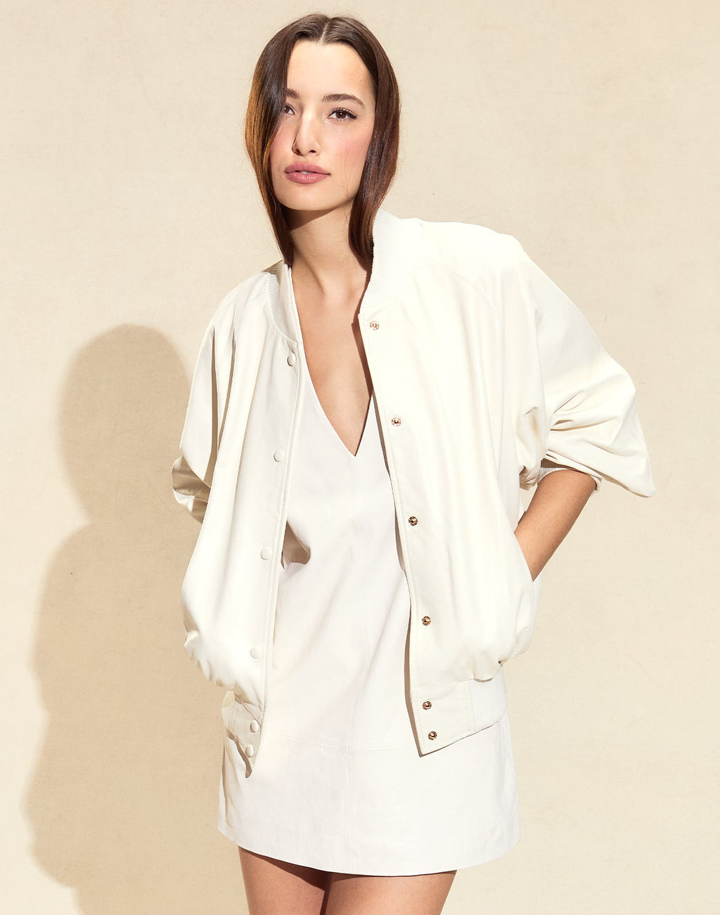 Cynthia Rowley Downtown Leather Bomber Jacket - Off White