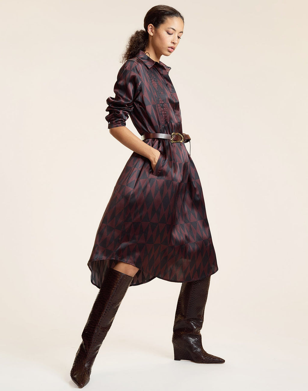 Cynthia Rowley Silk Pintuck Shirt Dress - Black/Burgundy