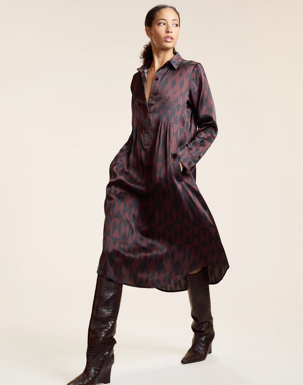 Cynthia Rowley Silk Pintuck Shirt Dress - Black/Burgundy