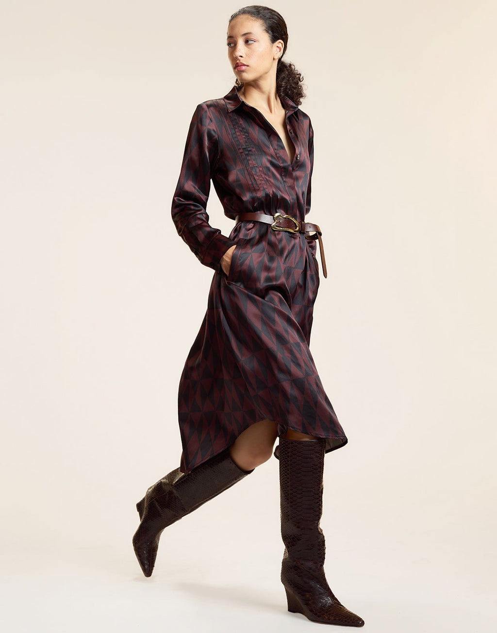 Cynthia Rowley Silk Pintuck Shirt Dress - Black/Burgundy