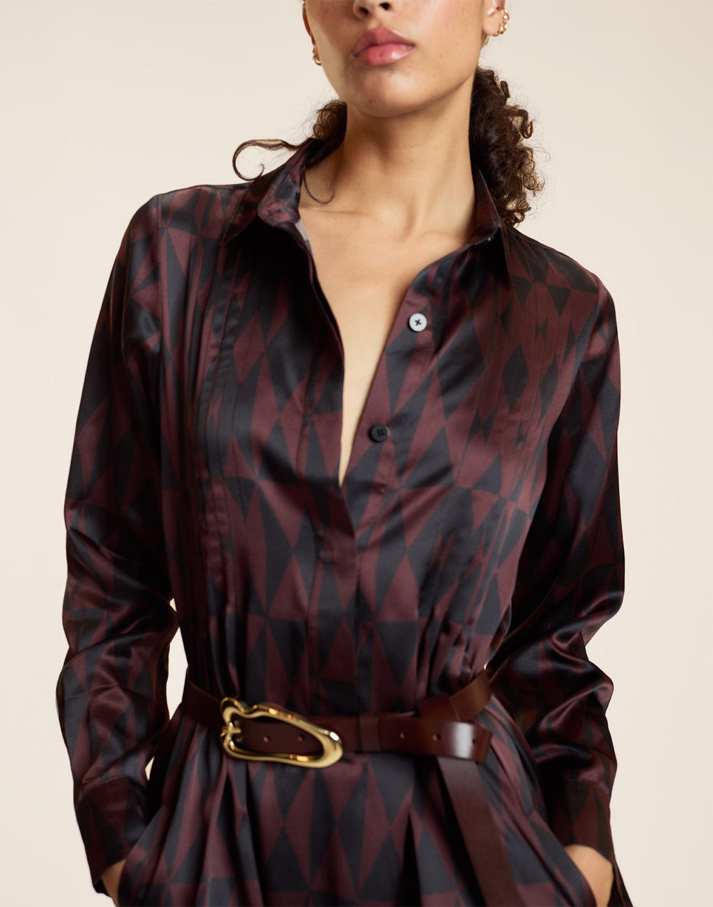Cynthia Rowley Silk Pintuck Shirt Dress - Black/Burgundy